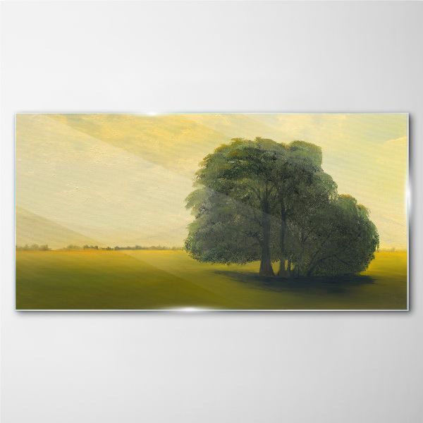 A peaceful landscape with a tree Glass art print
