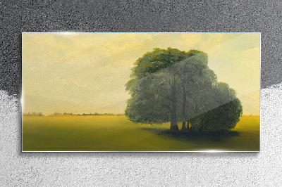 A peaceful landscape with a tree Glass art print