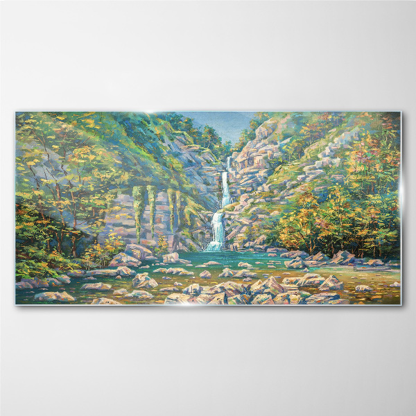Waterfall in mountain scenery Wall art on glass
