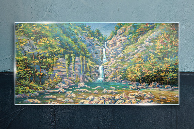 Waterfall in mountain scenery Wall art on glass