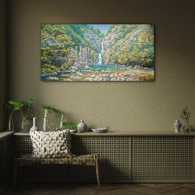 Waterfall in mountain scenery Wall art on glass