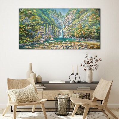 Waterfall in mountain scenery Wall art on glass