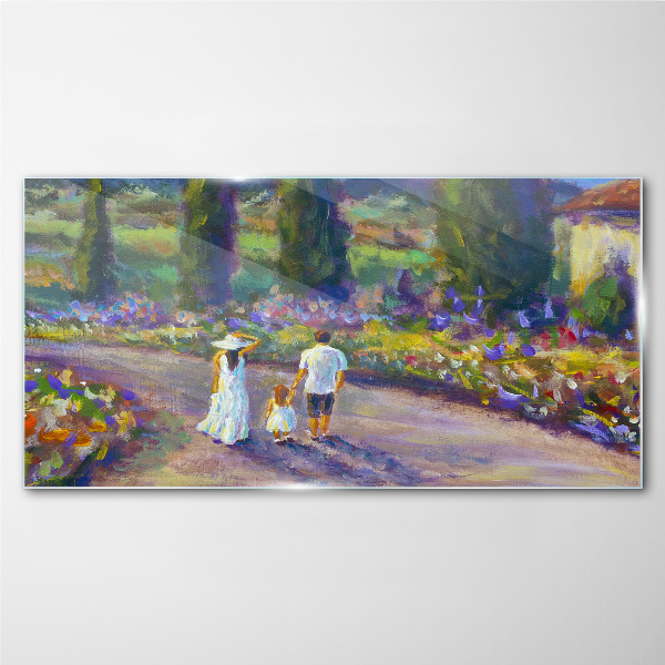 Family walk in a colorful garden Wall art on glass