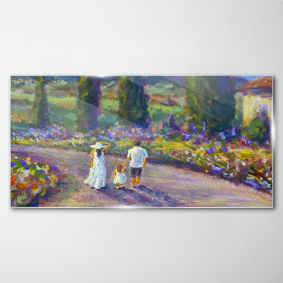 Family walk in a colorful garden Wall art on glass