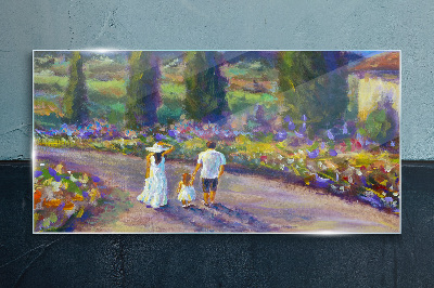 Family walk in a colorful garden Wall art on glass