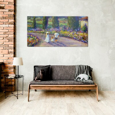Family walk in a colorful garden Wall art on glass