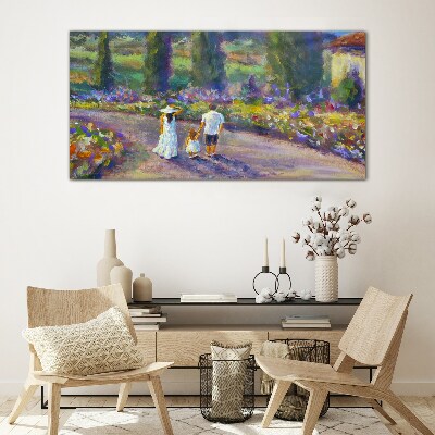 Family walk in a colorful garden Wall art on glass