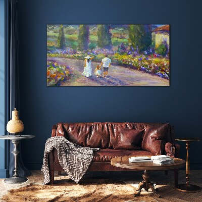 Family walk in a colorful garden Wall art on glass
