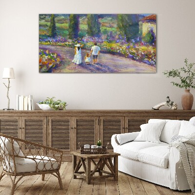 Family walk in a colorful garden Wall art on glass