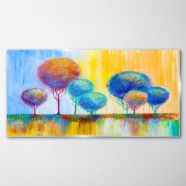Colorful trees in the sunset light Glass art print