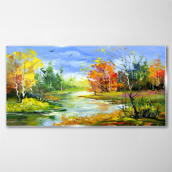 Autumn scenery by the river Wall art on glass