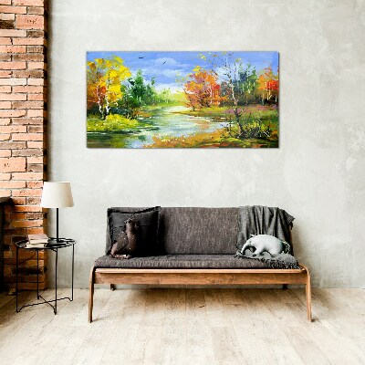 Autumn scenery by the river Wall art on glass