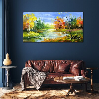 Painting nature forest river Glass Print