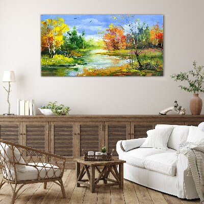Autumn scenery by the river Wall art on glass