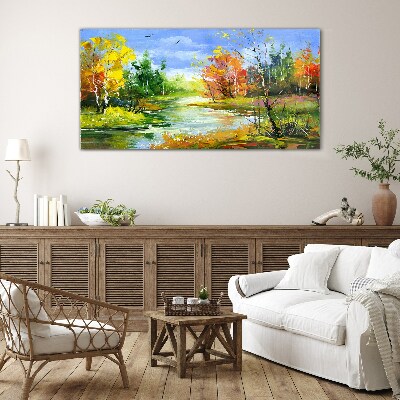Painting nature forest river Glass Print