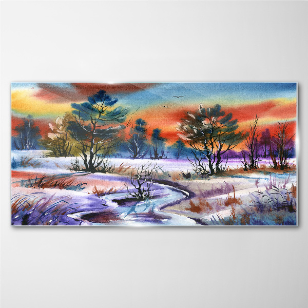 Winter landscape in rainbow colors Wall art on glass