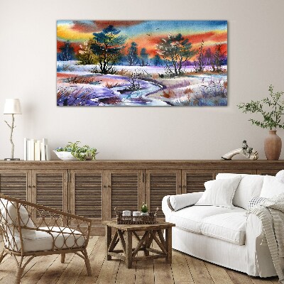 Winter landscape in rainbow colors Wall art on glass