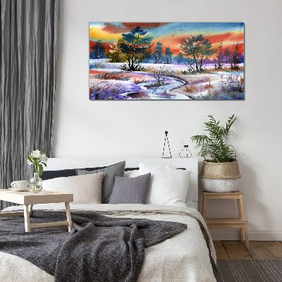 Winter landscape in rainbow colors Wall art on glass