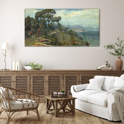 Seaside landscape with a tree Glass art print