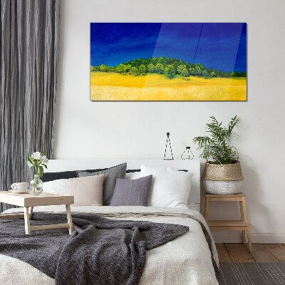 Golden fields under blue sky Glass art print