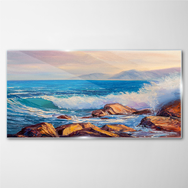 Waves on the coast at sunset Wall art on glass