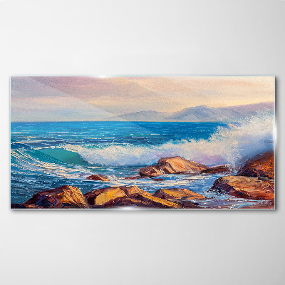 Waves on the coast at sunset Wall art on glass