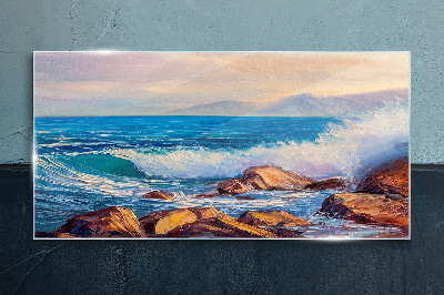 Waves on the coast at sunset Wall art on glass