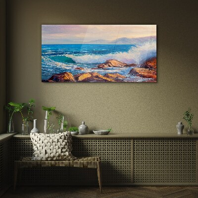 Waves on the coast at sunset Wall art on glass