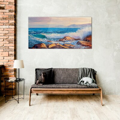 Waves on the coast at sunset Wall art on glass