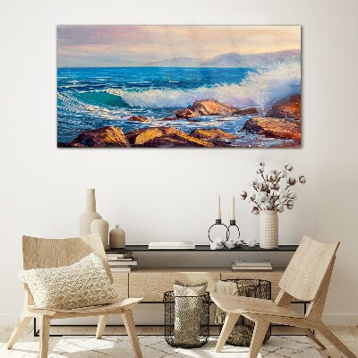 Waves on the coast at sunset Wall art on glass