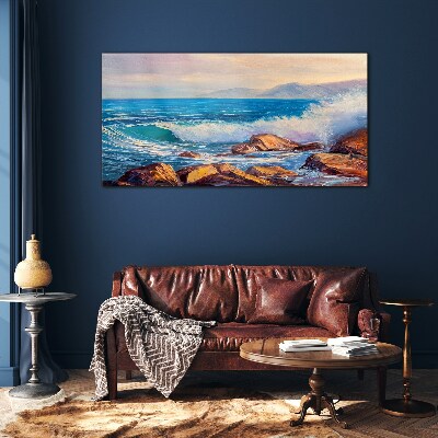 Waves on the coast at sunset Wall art on glass