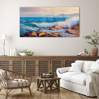 Waves on the coast at sunset Wall art on glass