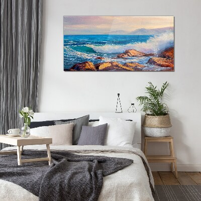 Waves on the coast at sunset Wall art on glass