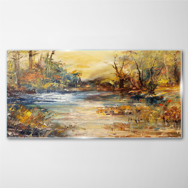 Autumn river in golden colors Glass art print
