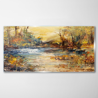 Autumn river in golden colors Glass art print