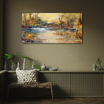 Autumn river in golden colors Glass art print