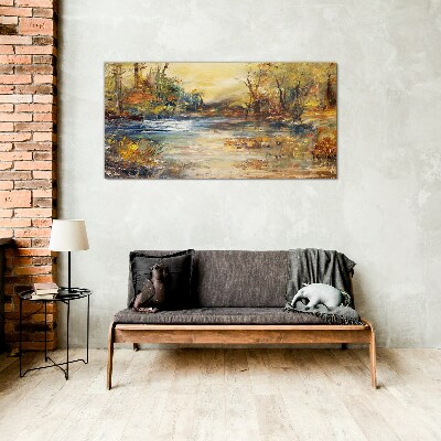 Autumn river in golden colors Glass art print