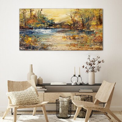 Autumn river in golden colors Glass art print