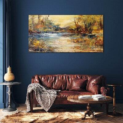 Autumn river in golden colors Glass art print