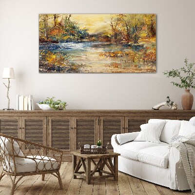 Autumn river in golden colors Glass art print