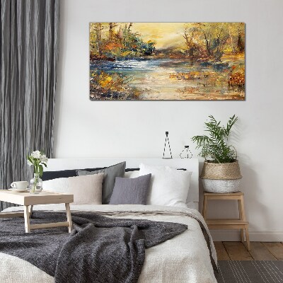 Autumn river in golden colors Glass art print