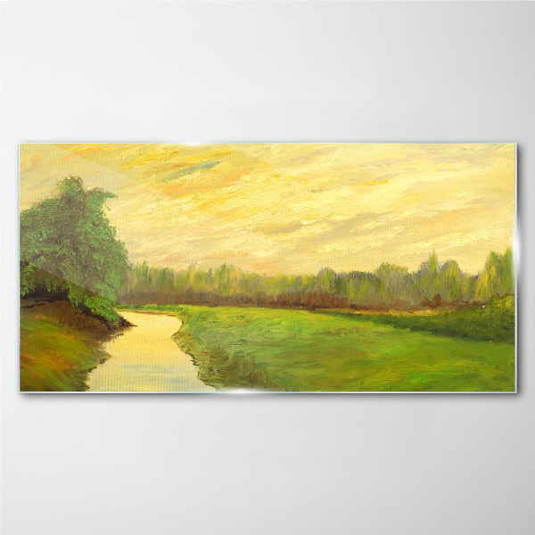 A peaceful landscape with a river and trees Wall art on glass
