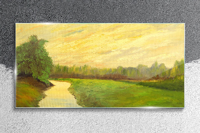 A peaceful landscape with a river and trees Wall art on glass