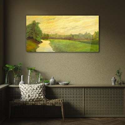 A peaceful landscape with a river and trees Wall art on glass