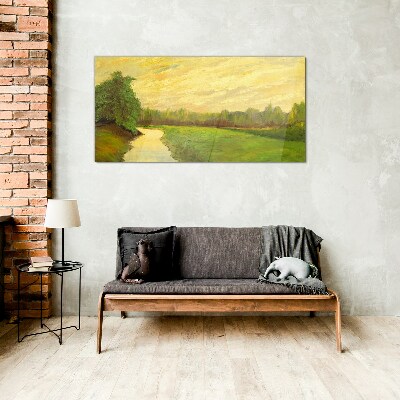 A peaceful landscape with a river and trees Wall art on glass