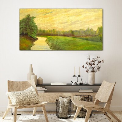 A peaceful landscape with a river and trees Wall art on glass