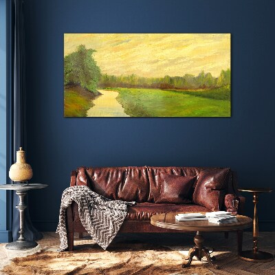 A peaceful landscape with a river and trees Wall art on glass
