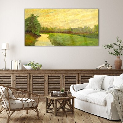 A peaceful landscape with a river and trees Wall art on glass
