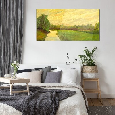 A peaceful landscape with a river and trees Wall art on glass