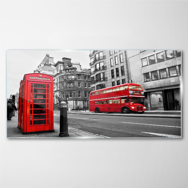 Red telephone in a grey city Wall art on glass
